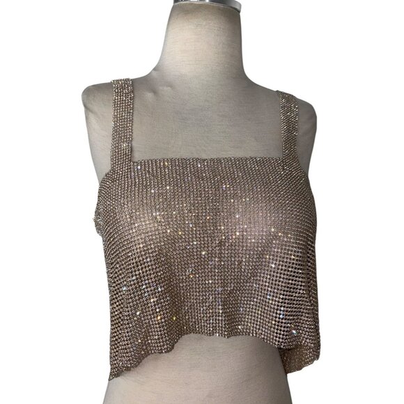 superdown Womens Mackenzie Crop Top in Gold X-Small New Crystal Chainmail Tank - Picture 6 of 12
